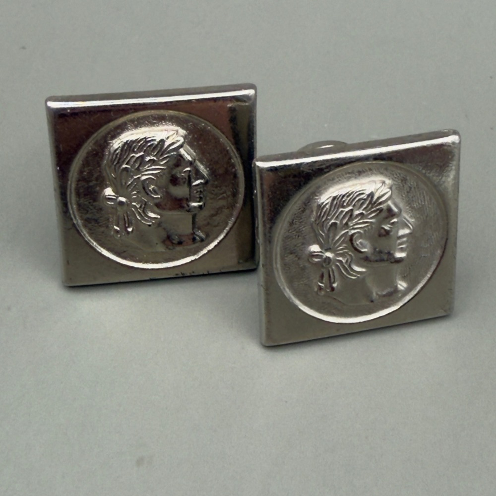 Cufflinks Greco-Roman Profile Coin Square Silver Tone Metal Mens Fixed Back